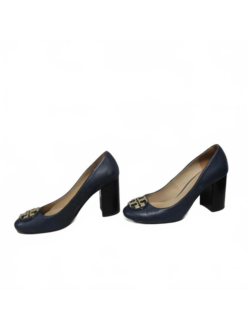 Tory Burch Size 6 Navy Leather Block Heel Logo Pumps